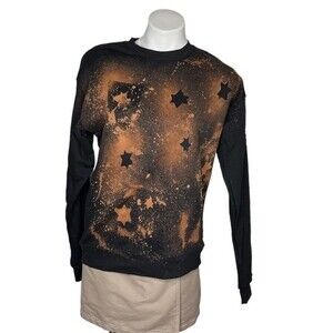UNKOSHER MARKET Bleach Dyed Black Sweatshirt Spell Out Sleeves Stars Size M/L